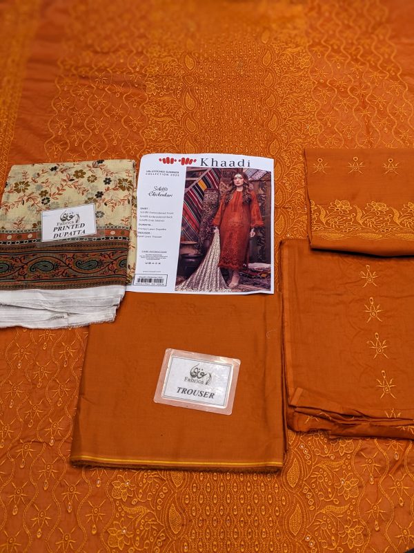 Orange 3 Piece Khaadi Chicken Kari Unstitched Suit New Collection For Women's