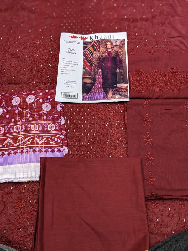 Red 3 Piece Khaadi Chicken Kari Unstitched Suit New Collection For Women's