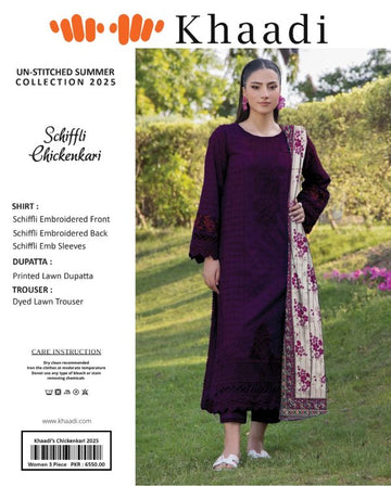 Purple 3 Piece Khaadi Chicken Kari Unstitched Suit New Collection For Women's